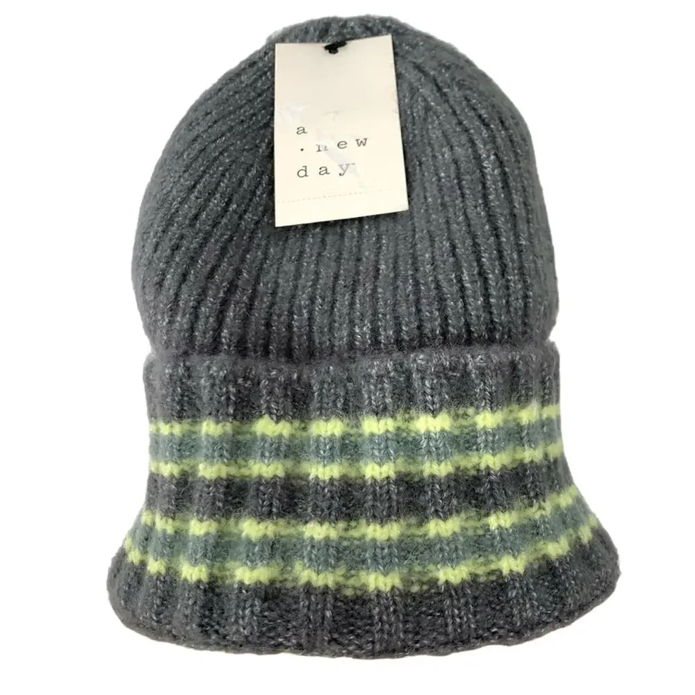 A New Day Gray Striped Cuffed Beanie One Size‎